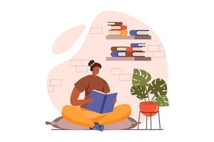 personas leyendo libro web concepto en plano diseño. mujer lee historia o disfrutando novela mientras sentado a hogar. estudiante estudiando libros de texto y preparar para exámenes ilustración con caracteres escena vector