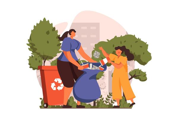 People collecting garbage web concept in flat design. Woman and girl gathering waste in bag, sorting trash into recycling bins. Family cleaning nature. illustration with characters scene
