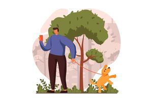 People sit in gadgets web concept in flat design. Man networking and browsing in app and ignoring dog on leash, owner and pet move in different directions. illustration with characters scene vector