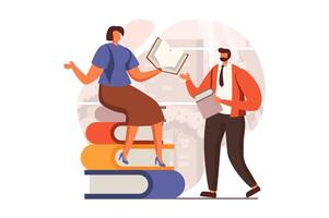 personas leyendo libro web concepto en plano diseño. hombre y mujer leyendo libros. estudiantes estudiar libros de texto y preparar para exámenes literatura, biblioteca, educación. ilustración con caracteres escena vector