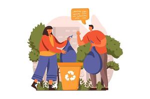 People collecting garbage web concept in flat design. Man and woman gathering waste in bags at city park, sorting trash into containers for recycling. illustration with characters scene vector