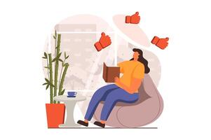 People reading book web concept in flat design. Woman reads story or enjoying novel while sitting on armchair at cafe. Literature lover spends time with book. illustration with characters scene vector