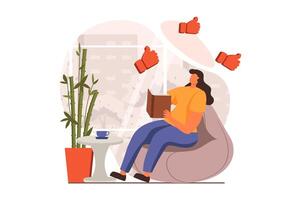 personas leyendo libro web concepto en plano diseño. mujer lee historia o disfrutando novela mientras sentado en Sillón a cafetería. literatura amante gasta hora con libro. ilustración con caracteres escena vector