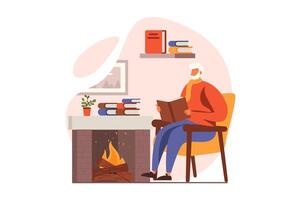 personas leyendo libro web concepto en plano diseño. mayor hombre disfruta novela mientras sentado en Sillón por chimenea. literatura amante gasta hora con libro. ilustración con caracteres escena vector