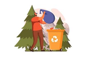 People collecting garbage web concept in flat design. Man gathering plastic and other waste in bag at forest, sorting trash into containers for recycling. illustration with characters scene vector