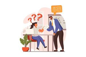 School teacher web concept in flat design. Man tutor helps schoolgirl with lesson and answers her questions. Student is studying. Education and gain knowledge. illustration with people scene vector