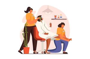 spa salón web concepto en plano diseño. profesional cosmetóloga hace facial máscara y belleza piel cuidado procedimiento, masajista haciendo masaje pies de hembra cliente. ilustración con personas escena vector