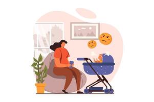 People sit in gadgets web concept in flat design. Young mother scrolling feeds in smartphone app and ignoring her angry baby in stroller. Internet addiction. illustration with characters scene vector