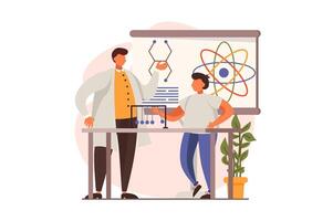 School teacher web concept in flat design. Man making experiment with laboratory equipment at physics lesson. Schoolboy is studying. Education and gain knowledge. illustration with people scene vector