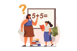 colegio profesor web concepto en plano diseño. mujer tutor preguntando pregunta, Chica de escuela resolviendo matemático problema a pizarra. educación y ganancia conocimiento. ilustración con personas escena vector