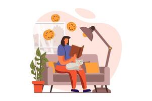 People reading book web concept in flat design. Woman enjoys novel while sitting in sofa with cat at living room. Literature lover spends time with book. illustration with characters scene vector