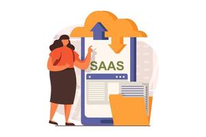 saas web concepto en plano diseño. mujer usos nube almacenamiento a teléfono inteligente aplicación, subir y descargar archivos con proteccion personal datos, en línea gestión. ilustración con caracteres escena vector