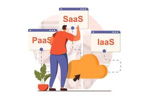 saas web concepto en plano diseño. hombre elige paquete de programas y servicios a comprar suscripción en sitio. usuario trabajos con nube almacenamiento y informática. ilustración con caracteres escena vector