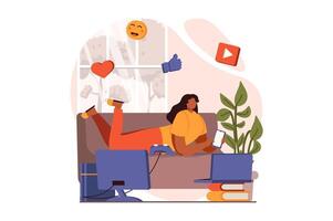 People sit in gadgets web concept in flat design. Happy woman browsing, chatting and scrolling feed in apps using smartphone, spending lot of time online. illustration with characters scene vector