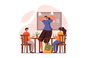 personas sentar en artilugio web concepto en plano diseño. chico y niña utilizar inteligente teléfono en clase y obtener distraído en clase, enojado profesor hipocresía disciplina alumnos. ilustración con caracteres escena vector