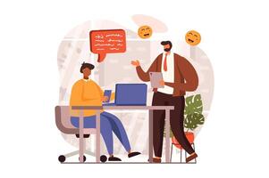 People sit in gadgets web concept in flat design. Man browsing sites using smartphone office. Colleagues chatting online and sharing content each other. illustration with characters scene vector