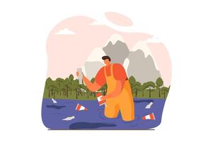 People collecting garbage web concept in flat design. Man gathering waste in sea standing in dirty water. World ocean pollution and environmental protection. illustration with characters scene vector