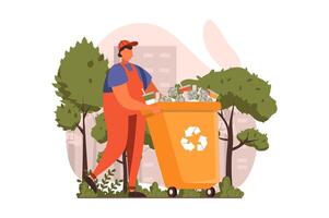 People collecting garbage web concept in flat design. Man gathering waste recycling container. Eco activism, volunteering and environmental protection. illustration with characters scene vector