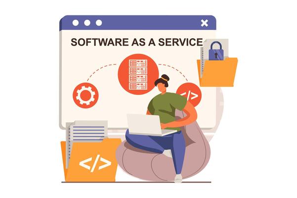 SaaS web concept in flat design. Woman uses software as a service by subscription, upload and download files with cloud storage and working on laptop. illustration with characters scene