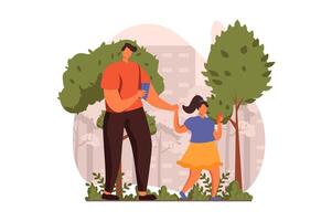 People sit in gadgets web concept in flat design. Dad and daughter are walking together in park and looking at their smartphones and ignoring each other. illustration with characters scene vector