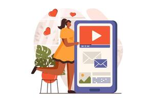 personas sentar en artilugio web concepto en plano diseño. contento mujer hojeada sitios, acecho contenido, chateando y desplazamiento alimentar en aplicaciones utilizando teléfono inteligente ilustración con caracteres escena vector