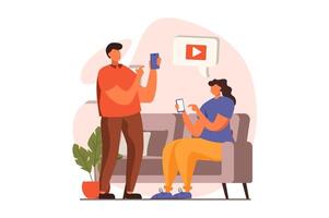 People sit in gadgets web concept in flat design. Man and woman browsing sites, watching content and sharing each other, chatting using smartphone. illustration with characters scene vector