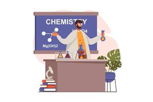 School teacher web concept in flat design. Man making chemical experiment with laboratory equipment and test tubes in classroom. Education and gain knowledge. illustration with people scene vector