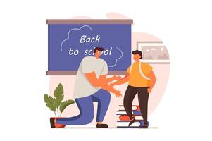 School teacher web concept in flat design. Teacher greets student with beginning of school year. Schoolboy go to class and learning. Education and gain knowledge. illustration with people scene vector