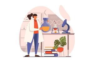 Ciencias laboratorio web concepto en plano diseño. mujer científico haciendo prueba en enorme tubo. investigador hace químico experimentos en matraces y en microscopio en laboratorio. ilustración con personas escena vector