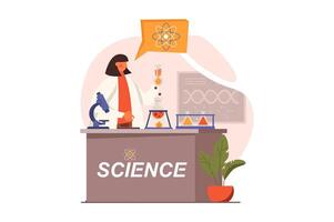 Ciencias laboratorio web concepto en plano diseño. mujer científico haciendo prueba en laboratorio equipo. investigador examina líquidos en prueba tubos química y física. ilustración con personas escena vector