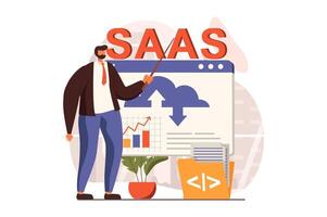 SaaS web concept in flat design. Man uses software as a service by subscription, upload and download files with cloud storage. Client buys programs at site. illustration with characters scene vector