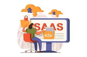 saas web concepto en plano diseño. mujer usos nube almacenamiento, la seguridad subir y descargar archivos, en línea administración a plataforma. cliente compra software como un servicio. ilustración con caracteres escena vector