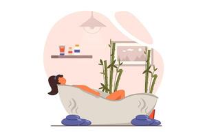 spa salón web concepto en plano diseño. mujer mentiras en bañera y recibe piel cuidado procedimiento, relajante y disfruta aromaterapia cosmetología y higiene procedimiento. ilustración con personas escena vector