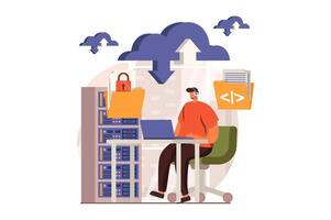 SaaS web concept in flat design. Man uses cloud computing and storage, upload and download files, working with datacenter. Client buys software as a service. illustration with characters scene vector