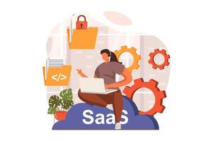 saas web concepto en plano diseño. mujer trabajando a ordenador portátil y utilizando programas y servicios comprado por suscripción. usuario trabajos con nube tecnologías. ilustración con caracteres escena vector