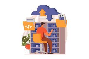 SaaS web concept in flat design. Man maintains work of data center for clients using cloud technologies. Users work with programs purchased by subscription. illustration with characters scene vector