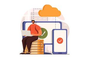 SaaS web concept in flat design. Man client buys programs by subscription and uses software as a service and cloud technologies on computer and smartphone. illustration with characters scene vector