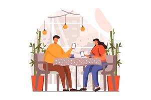 personas sentar en artilugio web concepto en plano diseño. hombre y mujer Desplazarse alimenta y Mira a teléfonos inteligentes, postergación cada otro mientras sentado a mesa en cafetería. ilustración con caracteres escena vector