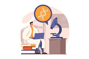 Science laboratory web concept in flat design. Man scientist making test on microscope and examines DNA molecule and processing research results on laptop. illustration with people scene vector