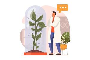 Science laboratory web concept in flat design. Man scientist is examining huge plant in lab. Biologist doing biotechnology research and agriculture engineering. illustration with people scene vector