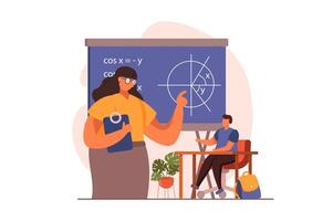 colegio profesor web concepto en plano diseño. mujer tutor puntos a pizarra y explica matemáticas.escolar aprendizaje en lección. educación y ganancia conocimiento. ilustración con personas escena vector