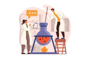 Science laboratory web concept in flat design. Woman and man scientists making chemical test in huge tube. Researchers make new experiments in flasks in lab. illustration with people scene vector