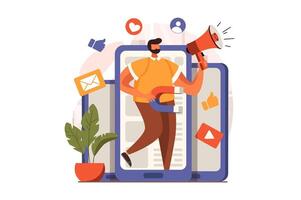 Social media marketing web concept in flat design. Man with megaphone makes ad campaign using smartphone app and digital content. Advertising and promotion. illustration with people scene vector