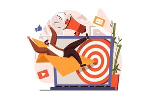 Social media marketing web concept in flat design. Marketer makes ad campaign for target audience and creating promotional content. Advertising and promotion. illustration with people scene vector