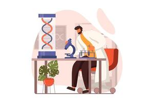 Science laboratory web concept in flat design. Man scientist making test on microscope and examines DNA molecule on lab equipment. Microbiology and genetic. illustration with people scene vector