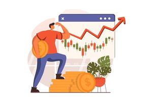 Stock market web concept in flat design. Man broker analyzing trends, creates financial strategy, company shares trading, invests money and increases profit. illustration with people scene vector