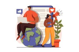 social medios de comunicación márketing web concepto en plano diseño. mujer con megáfono atrae nuevo seguidores. hombre hojeada contenido y anuncios en línea. anuncio y promoción. ilustración con personas escena vector