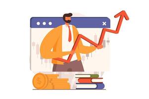 Stock market web concept in flat design. Businessman analyzing trends and holding arrow up, trading, invests money, creates financial strategy, increases profit. illustration with people scene vector