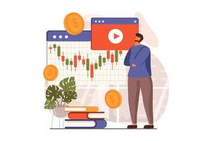 Stock market web concept in flat design. Businessman analyzing financial trends and statistics, trading at global auctions, invests money and increases income. illustration with people scene vector