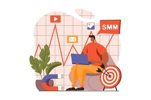 social medios de comunicación márketing web concepto en plano diseño. vendedor crea éxito smm estrategia, estudios objetivo audiencia y crea contenido. publicidad y promoción. ilustración con personas escena vector